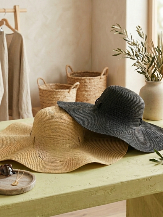 Source Unknown Accessories - 2 Sunhats NEW. Black and Natural Wide-Brim Hats.